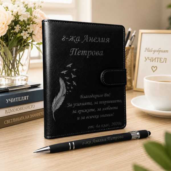 Персонализиран кожен тефтер с гравиран химикал