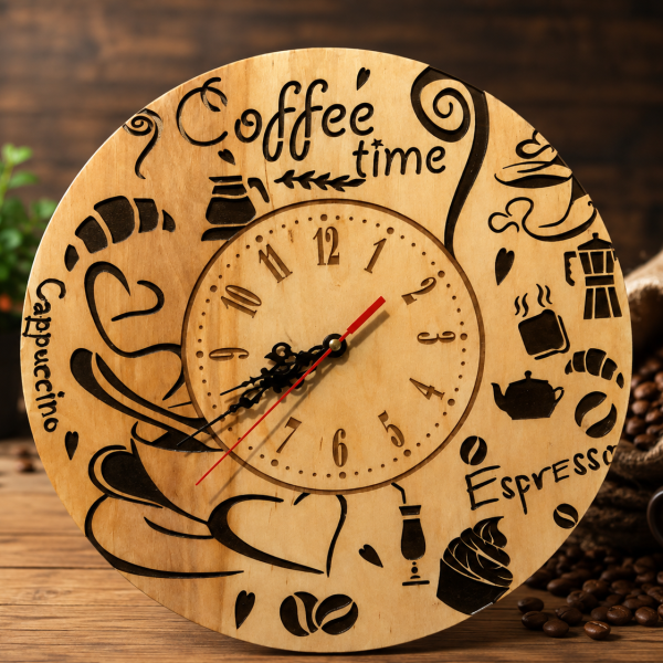 Дървен стенен часовник Coffee Time