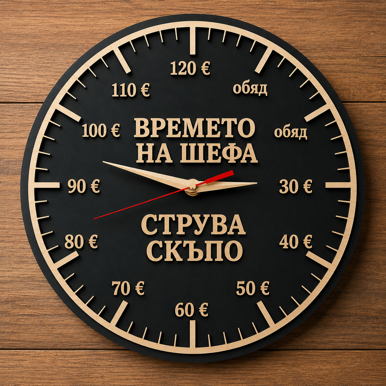 Забавен дървен часовник „Времето на шефа струва скъпо“ Забавен дървен часовник „Времето на шефа струва скъпо“