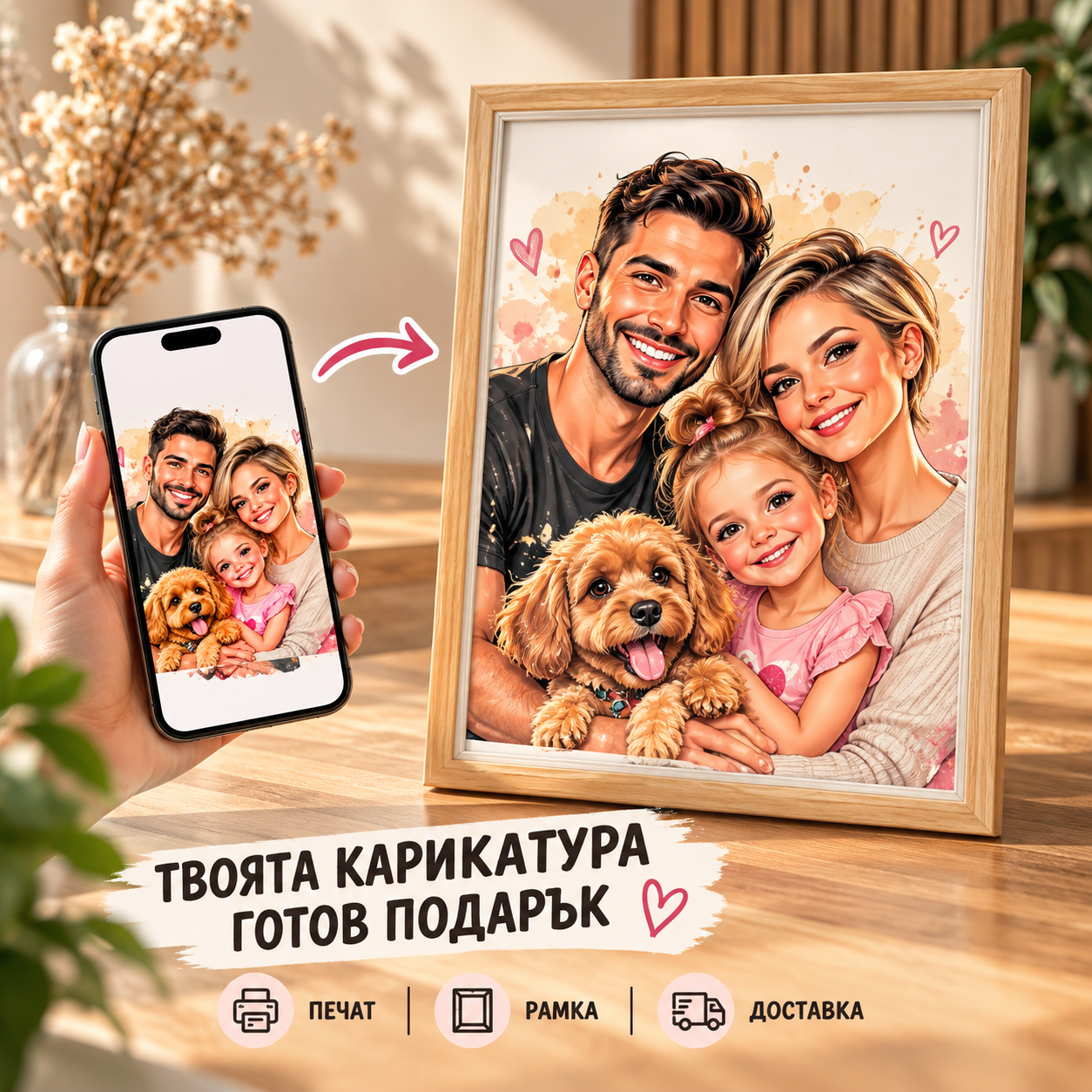 Печат на карикатура с рамка – качи своя готов дизайн